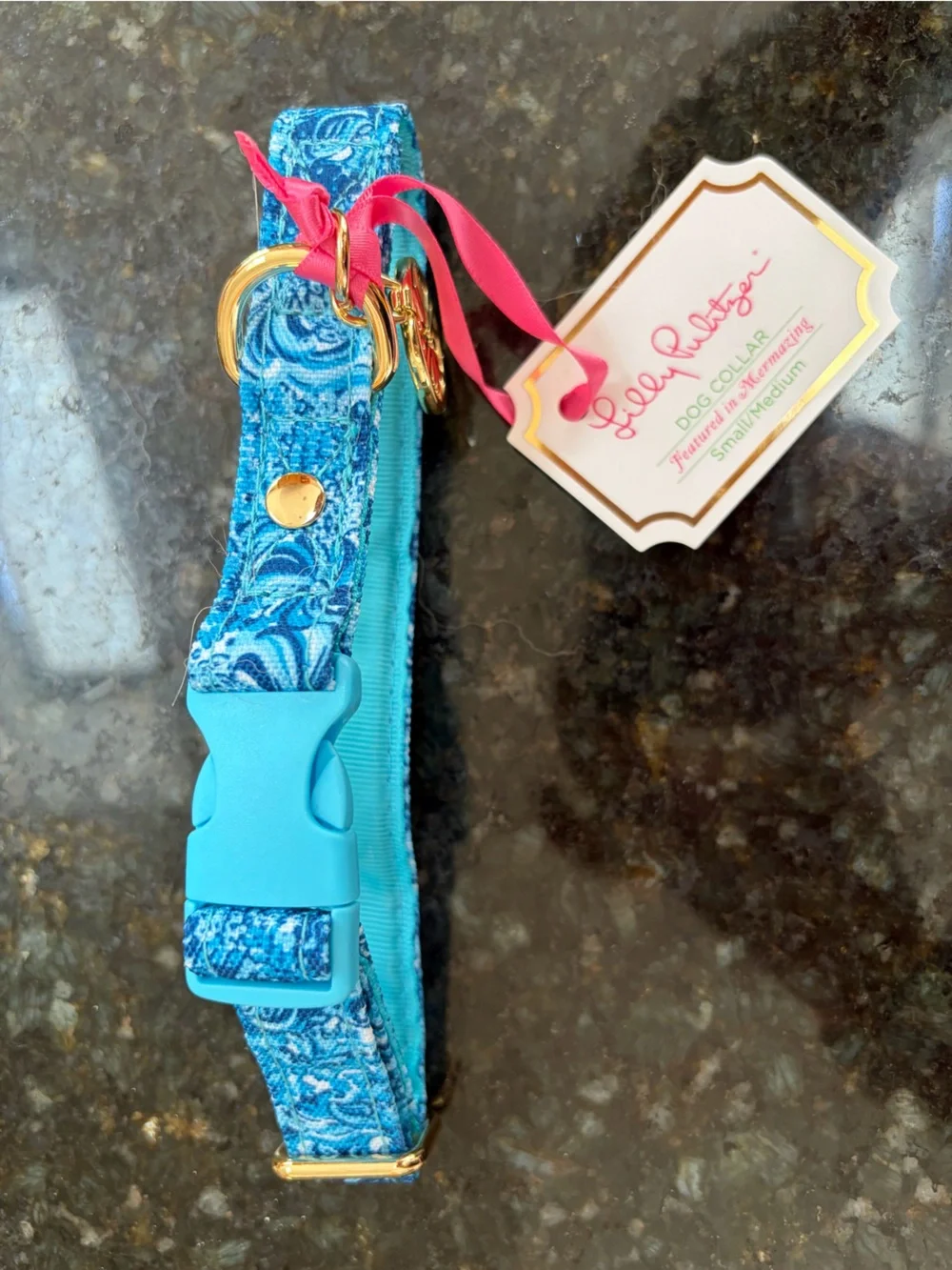 Lilly Pulitzer Turquoise Dog Collar in Mermaizing with Gold Hardware